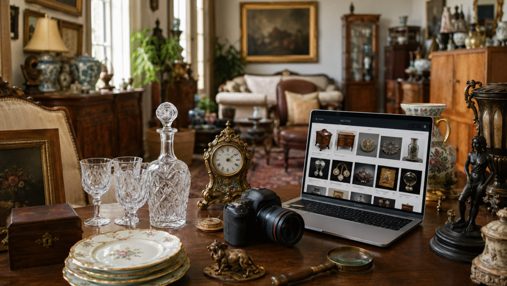 Antique furniture, crystal, artwork, and collectibles professionally arranged for an online estate auction in a well-staged home.