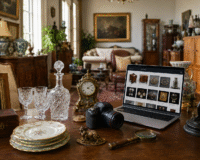 Antique furniture, crystal, artwork, and collectibles professionally arranged for an online estate auction in a well-staged home.