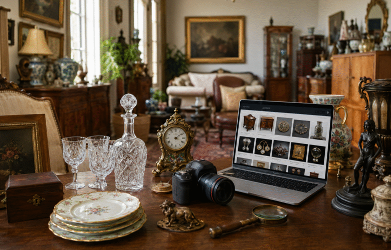 Antique furniture, crystal, artwork, and collectibles professionally arranged for an online estate auction in a well-staged home.